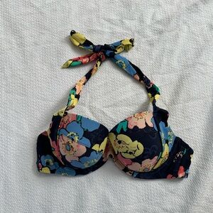 Aerie Floral Bikini Top 36C Halter Underwire Swim Top Navy Multicolor